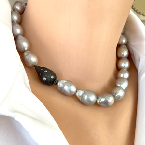 Elegant Silver Grey Baroque Pearl Choker Necklace with Baroque Inspired Element - Black Rhodium Plated Silver Element and Box Clasp, 16inches long. Hand knotted pearl necklace