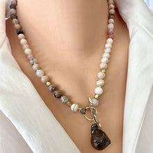 Charger l&#39;image dans la galerie, Genuine Pink Opal and Black Baroque Pearl Toggle Necklace with Gold Bronze Artisan Details, 19&quot;inches
