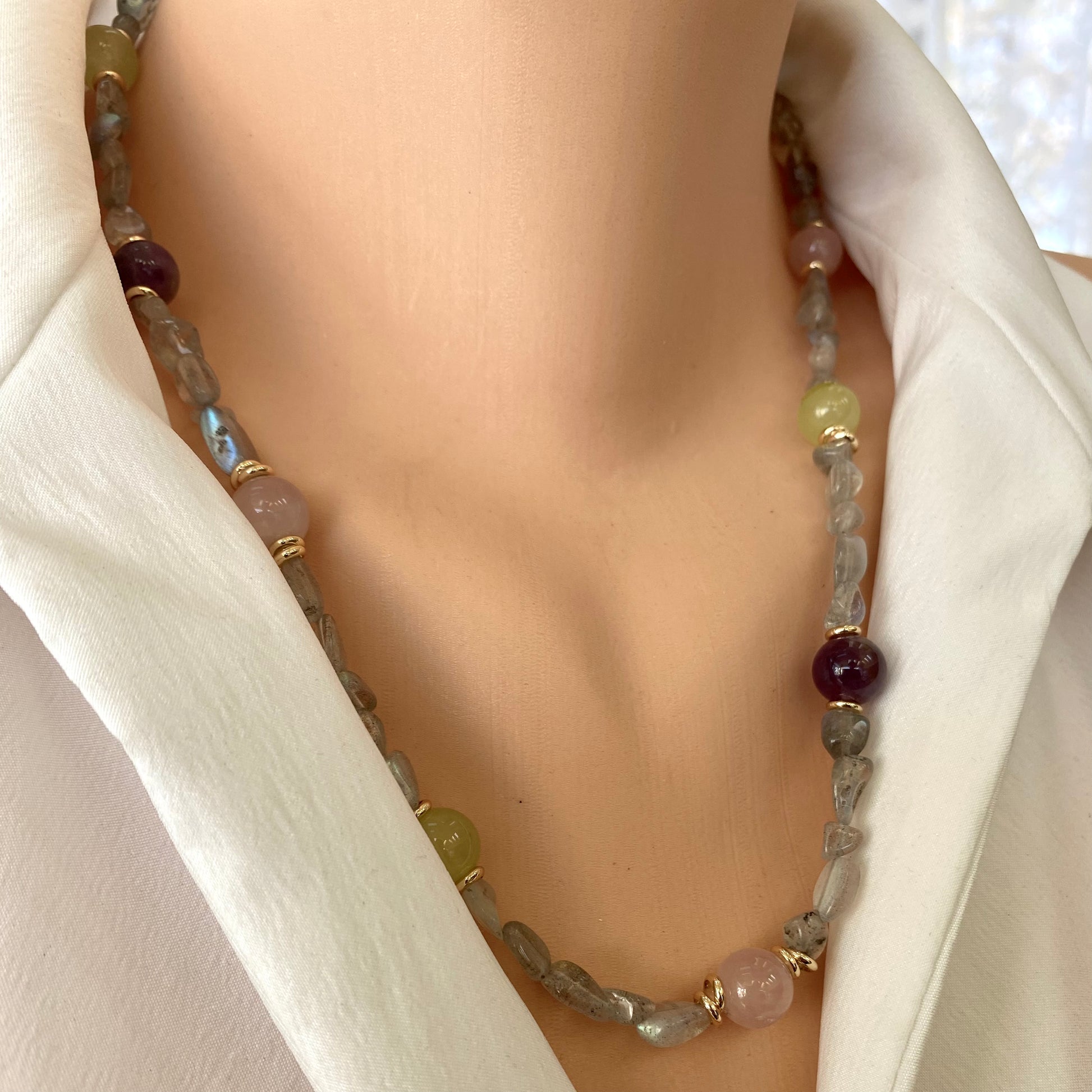 Labradorite bonbons necklace close-up on neckline with rose quartz and lime green jade beads, handcrafted in Canada