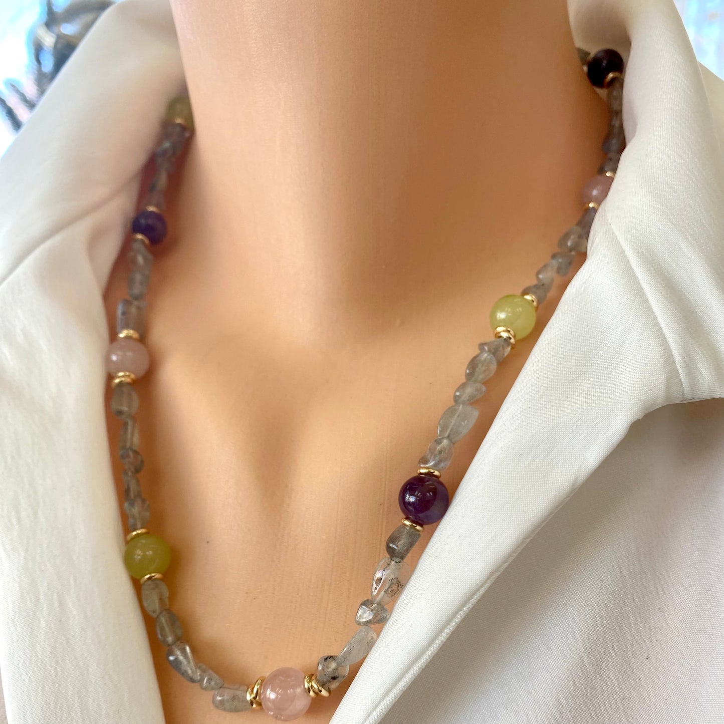 Labradorite bonbons necklace styled on neckline with gold plated closure, handmade Canadian gemstone jewelry