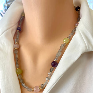 Labradorite Bonbons Necklace w Rose Quartz, Lime Green Jade & Amethyst Accent Beads, Gold Plated, 21"in