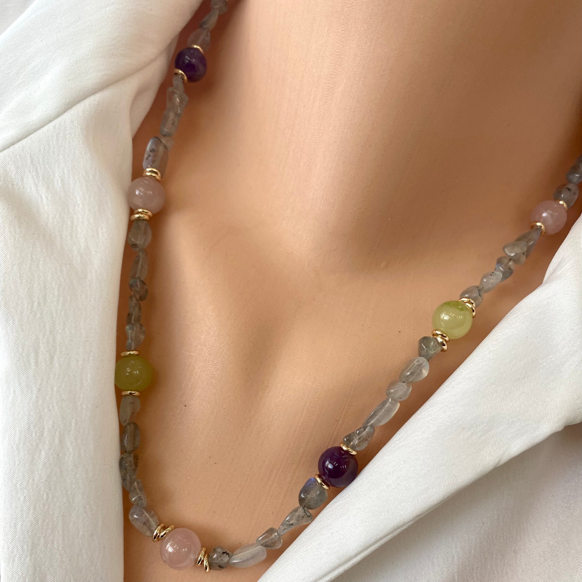 Labradorite bonbons necklace worn on neck with jade and amethyst accents, handmade in Canada