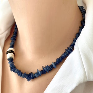 Blue Kyanite and Sapphire Beaded necklace with Button Pearls and Diamond Pave Details