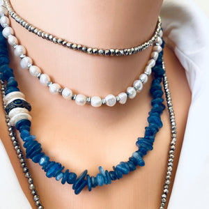 Blue Kyanite and Sapphire Beaded necklace with Button Pearls and Diamond Pave Details