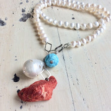 Lade das Bild in den Galerie-Viewer, Hand Knotted Freshwater Pearl Necklace with Baroque Pearl &amp; Red Coral Pendants | Turquoise Charm | Summer Jewelry | Silver Details | 18.5&quot;

