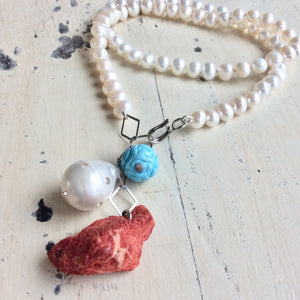 Hand Knotted Freshwater Pearl Necklace with Baroque Pearl & Red Coral Pendants | Turquoise Charm | Summer Jewelry | Silver Details | 18.5"