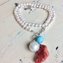 Load image into Gallery viewer, Pearl Necklace with Studded Baroque Pearl, Sponge Red Coral and Turquoise Charms
