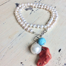 Lade das Bild in den Galerie-Viewer, Hand Knotted Freshwater Pearl Necklace with Baroque Pearl &amp; Red Coral Pendants | Turquoise Charm | Summer Jewelry | Silver Details | 18.5&quot;
