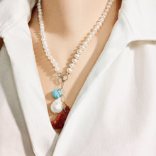 Lade das Bild in den Galerie-Viewer, Hand Knotted Freshwater Pearl Necklace with Baroque Pearl &amp; Red Coral Pendants | Turquoise Charm | Summer Jewelry | Silver Details | 18.5&quot;
