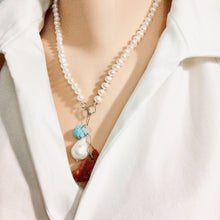 Load image into Gallery viewer, Pearl Necklace with Studded Baroque Pearl, Sponge Red Coral and Turquoise Charms
