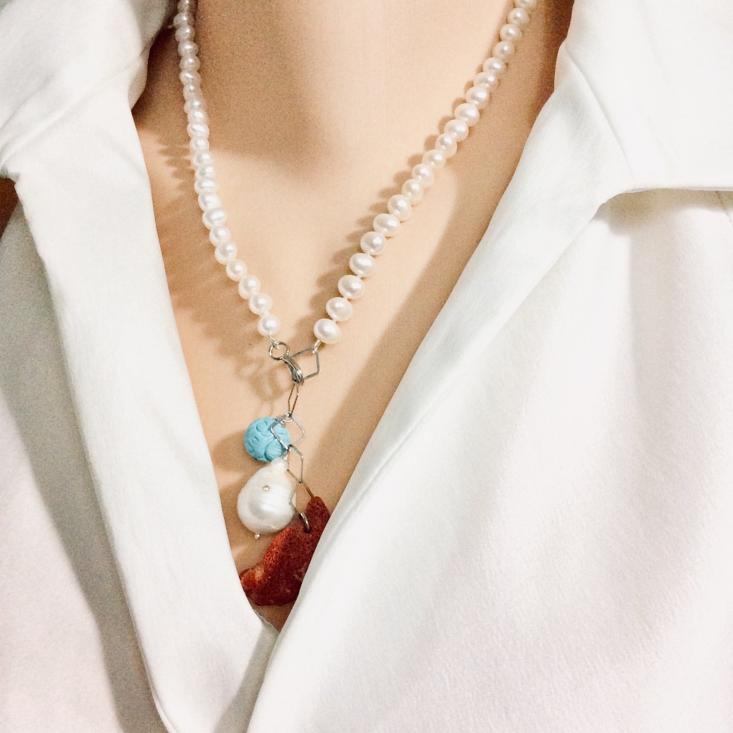Hand Knotted Freshwater Pearl Necklace with Baroque Pearl & Red Coral Pendants | Turquoise Charm | Summer Jewelry | Silver Details | 18.5
