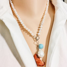 Lade das Bild in den Galerie-Viewer, Hand Knotted Freshwater Pearl Necklace with Baroque Pearl &amp; Red Coral Pendants | Turquoise Charm | Summer Jewelry | Silver Details | 18.5&quot;
