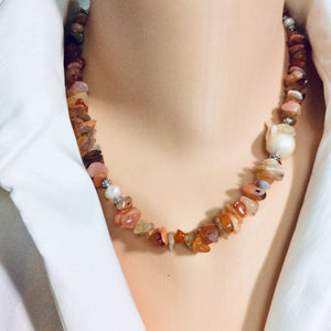 Shaded Carnelian Nuggets Necklace with Large Baroque Pearl and Sterling Silver Details