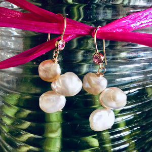 Keshi Pearl Drop Earrings, Gold Filled Hook Earrings with Pink Cubic Zirconia