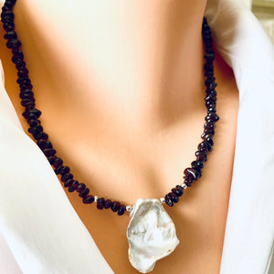Garnet and Baroque Pearl Necklace, January Birthstone Necklace, Garnet Jewelry, Sterling Silver, 18"inches