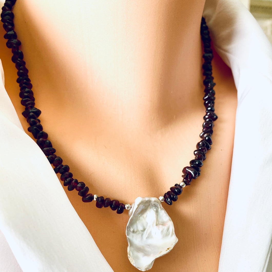 Garnet and Baroque Pearl Necklace, January Birthstone Necklace, Garnet Jewelry, Sterling Silver, 18