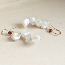 Charger l&#39;image dans la galerie, Keshi Pearls Drop Earrings, Gold Filled Hook and Deep Red Cubic Zirconia
