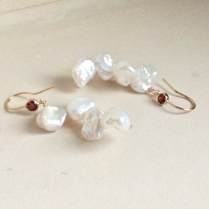 Keshi Pearls Drop Earrings, Gold Filled Hook and Deep Red Cubic Zirconia