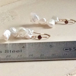 White Keshi Pearls Drop Earrings, 14K GF Hooks & Deep Red Cz Bezel