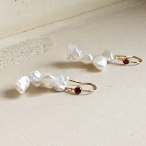 White Keshi Pearls Drop Earrings, 14K GF Hooks & Deep Red Cz Bezel