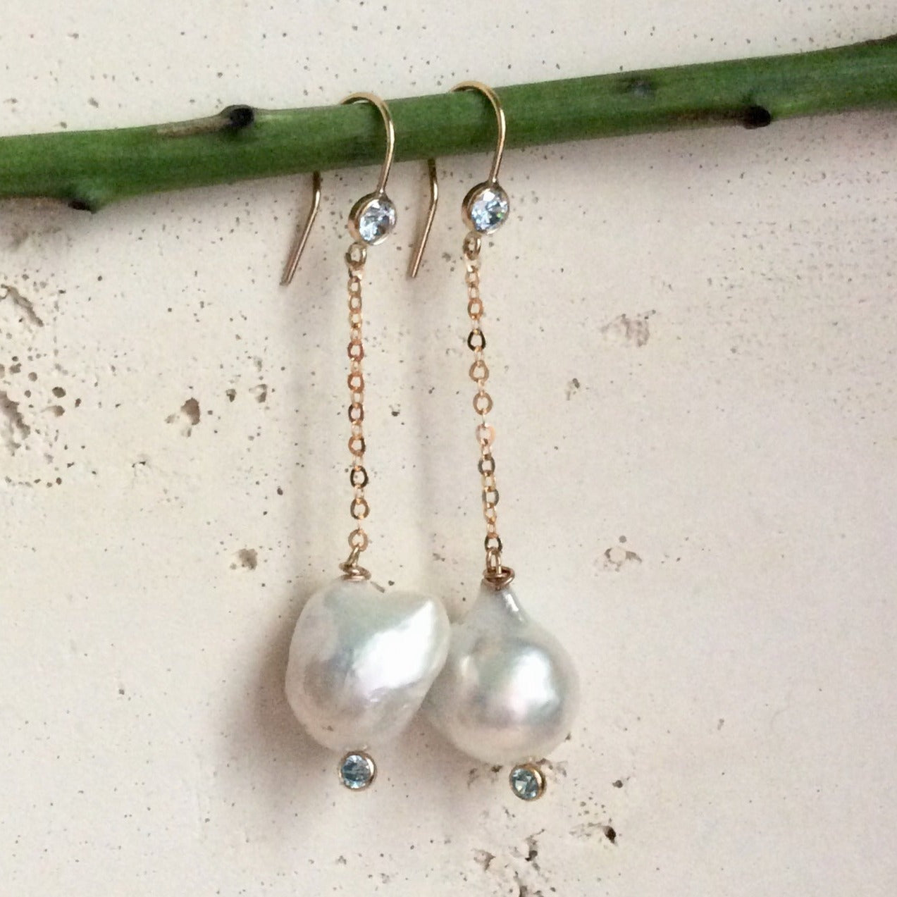 Dainty Baroque Pearl Long Drop Earrings, Gold Filled Chain Earrings w Skye Blue Cubic Zirconia, Brides Gift