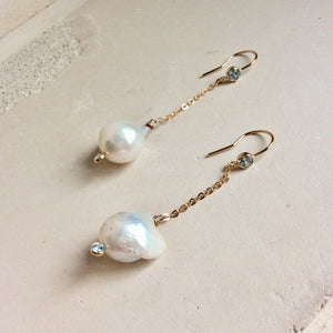 Dainty Baroque Pearl Long Drop Earrings, Gold Filled Chain Earrings w Skye Blue Cubic Zirconia, Brides Gift