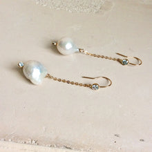 Lade das Bild in den Galerie-Viewer, Dainty Baroque Pearl Long Drop Earrings, Gold Filled Chain Earrings w Skye Blue Cubic Zirconia, Brides Gift
