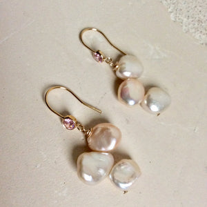 Keshi Pearl Drop Earrings, Gold Filled Hook Earrings with Pink Cubic Zirconia