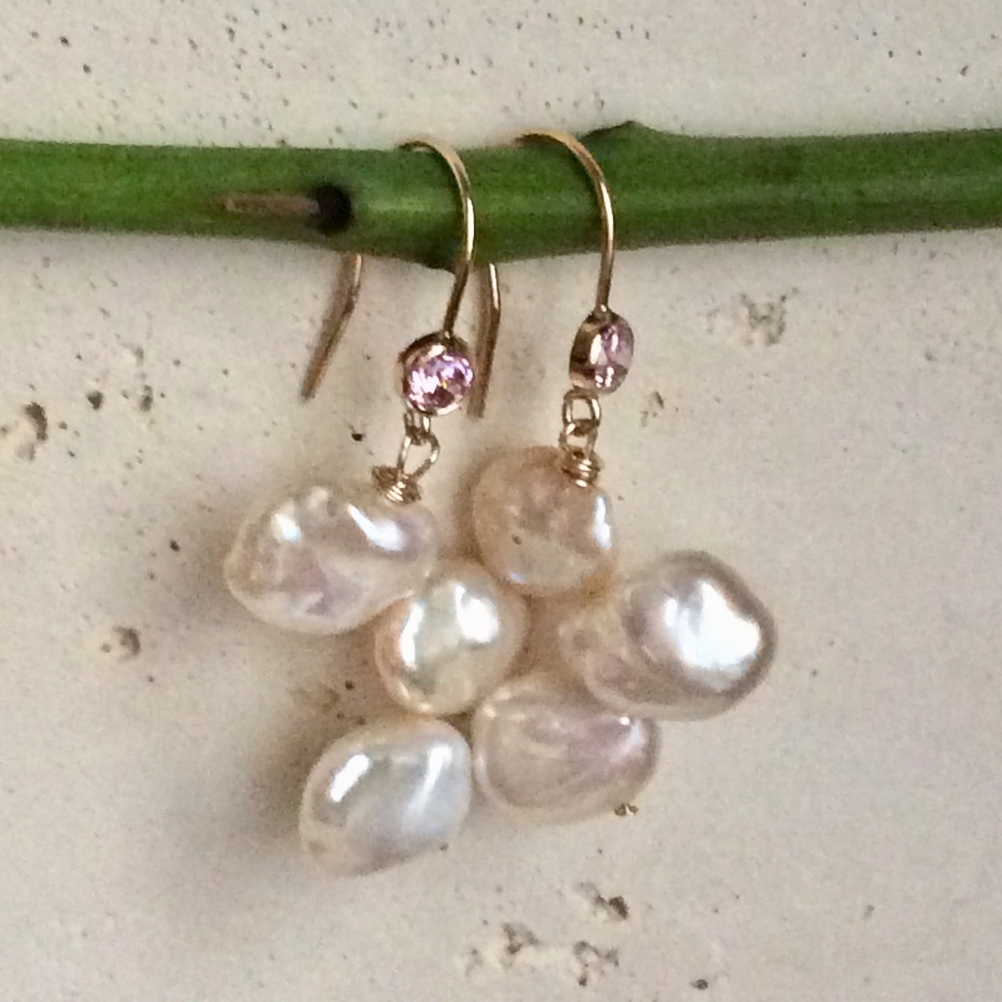 Keshi Pearl Drop Earrings, Gold Filled Hook Earrings with Pink Cubic Zirconia