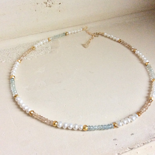 Pearl Choker Necklace, Citrine & Aquamarine