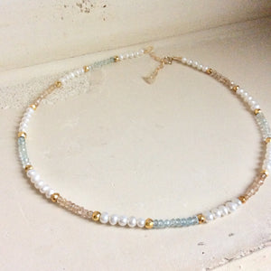 Pearl Choker Necklace with Citrine and Aquamarine Beads, Gold Filled, 15"inches