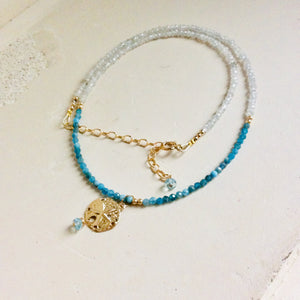 Apatite and Natural White Zircon Beaded Chain w Sand Dollar Sea life charm in 14k Gold Filled