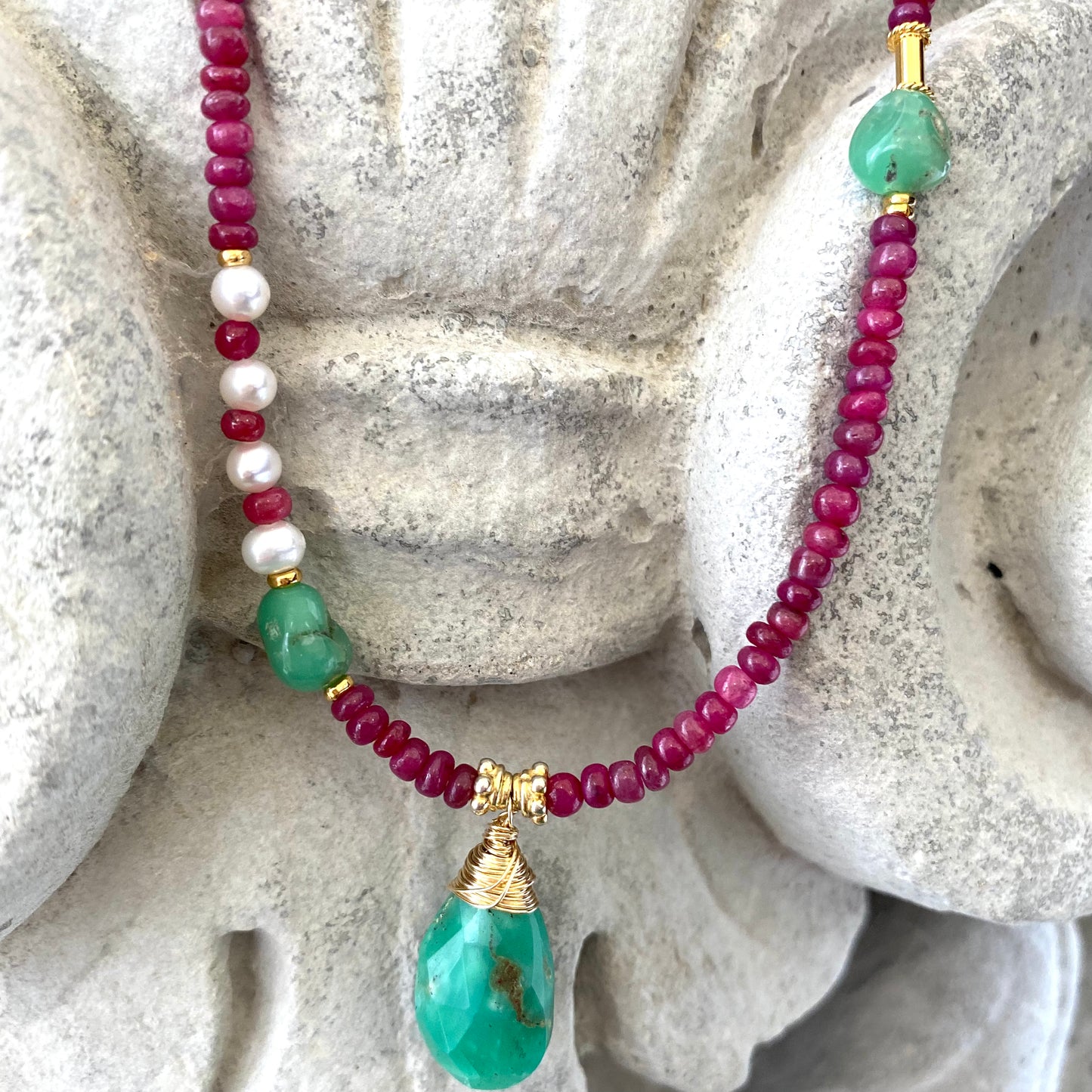 Chrysoprase ruby pearl necklace one of a kind design with chrysoprase pendant and red rubies