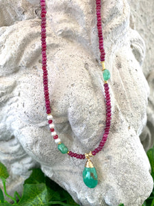Chrysoprase & Rubies Necklace, Vermeil, Gold Plated Silver, 18"in