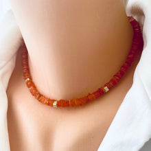 Cargar imagen en el visor de la galería, Bright Orange Carnelian Choker Necklace &amp; Gold Vermeil Details and Clasp, 15.5&quot;in
