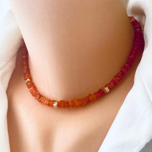 Bright Orange Carnelian Choker Necklace & Gold Vermeil Details and Clasp, 15.5"in