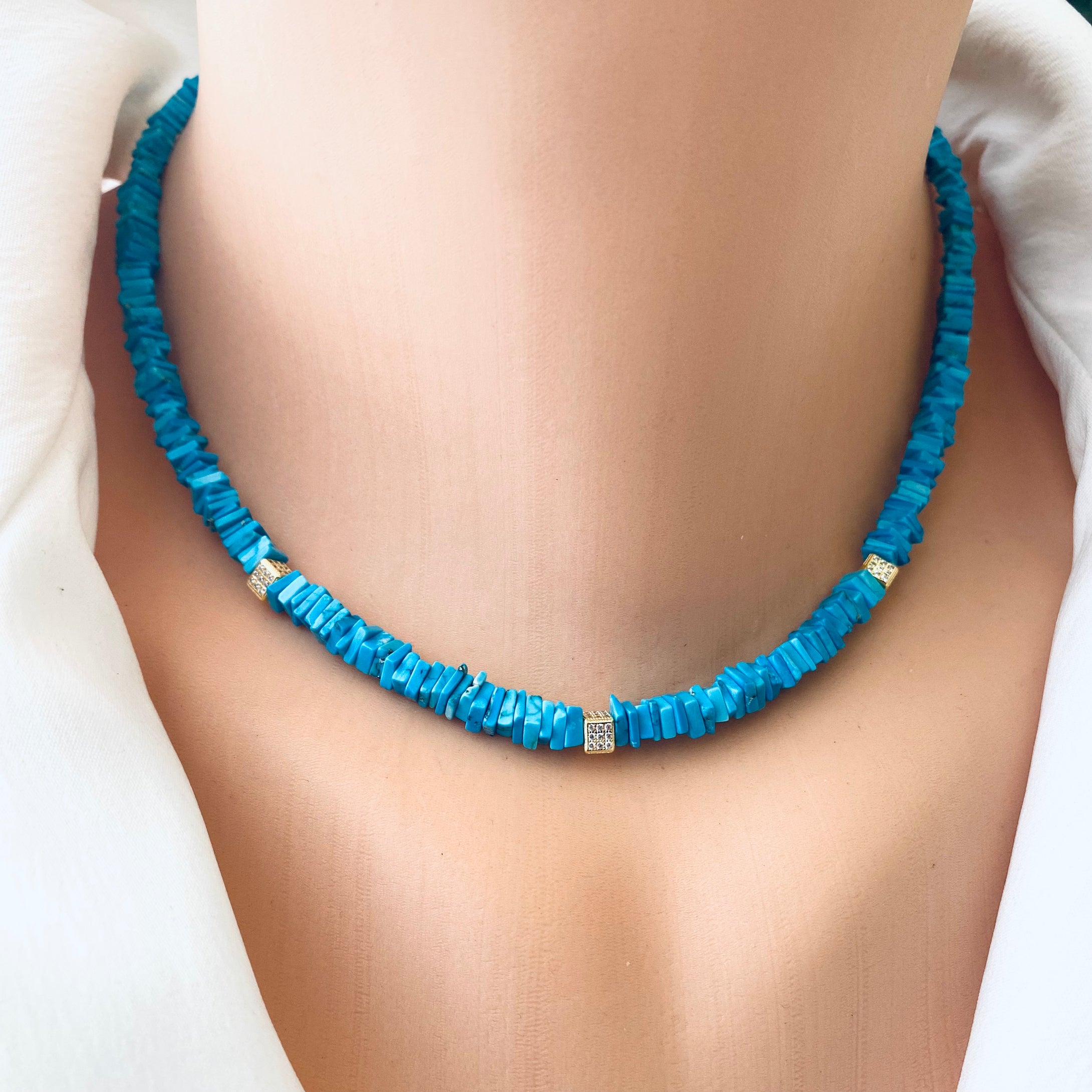 Turquoise Choker Necklace, Gold Vermeil Details and Clasp, 15.5