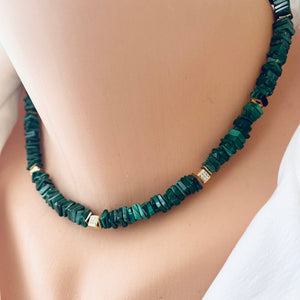 Genuine Malachite Choker Necklace & Gold Vermeil Details and Clasp, 15.5"inches