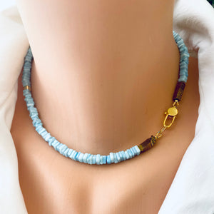 Blue Peru Opal Choker Necklace with Gold Vermeil Details and Lobster Clasp, 16"in