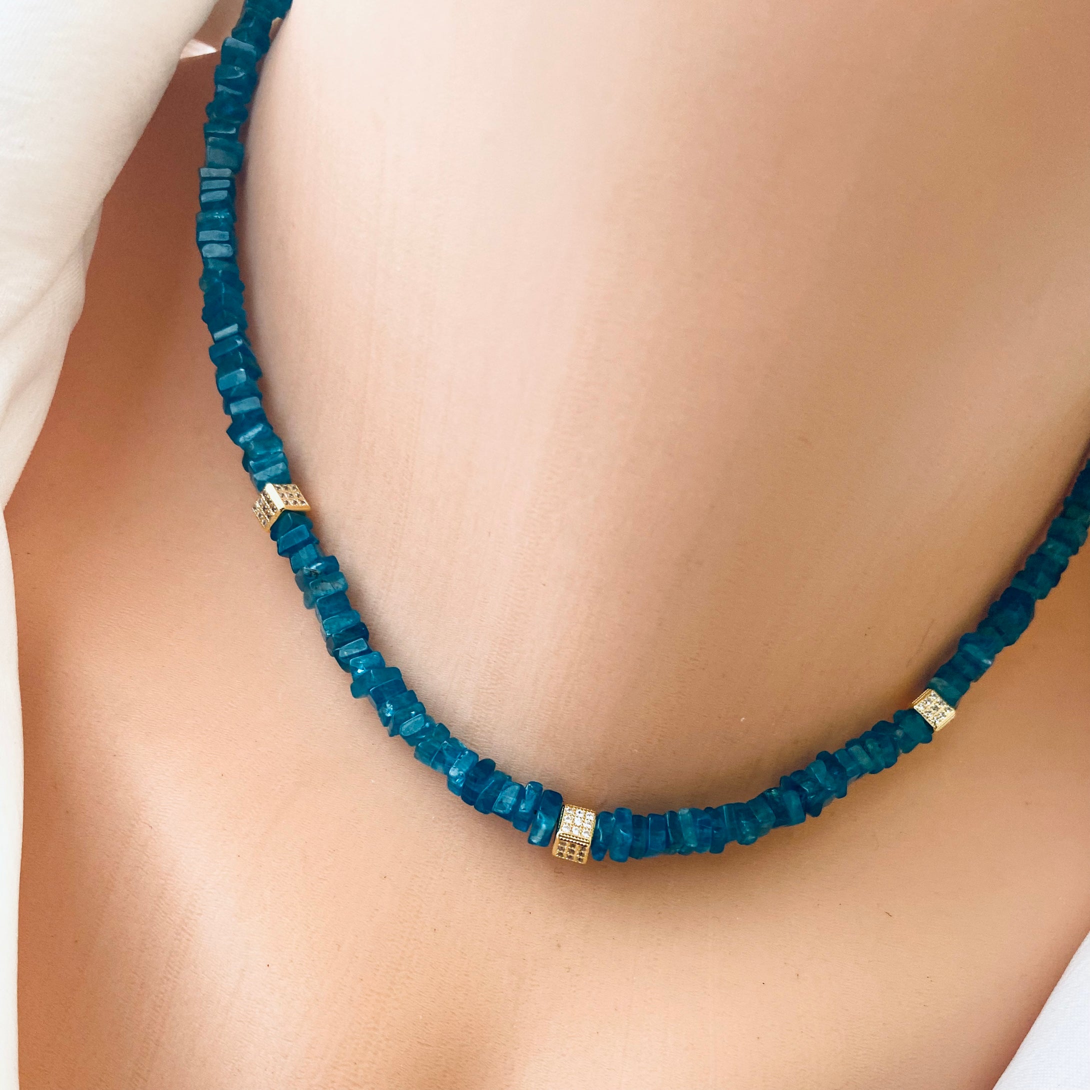 Blue Apatite Beads Choker Necklace with Gold Vermeil Details and Clasp, 15