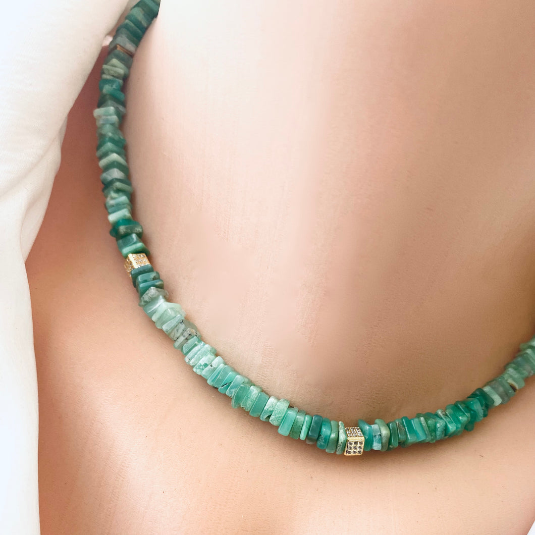 Green Chrysoprase Heishi Square Beads Choker Necklace with Gold Vermeil, 15.75