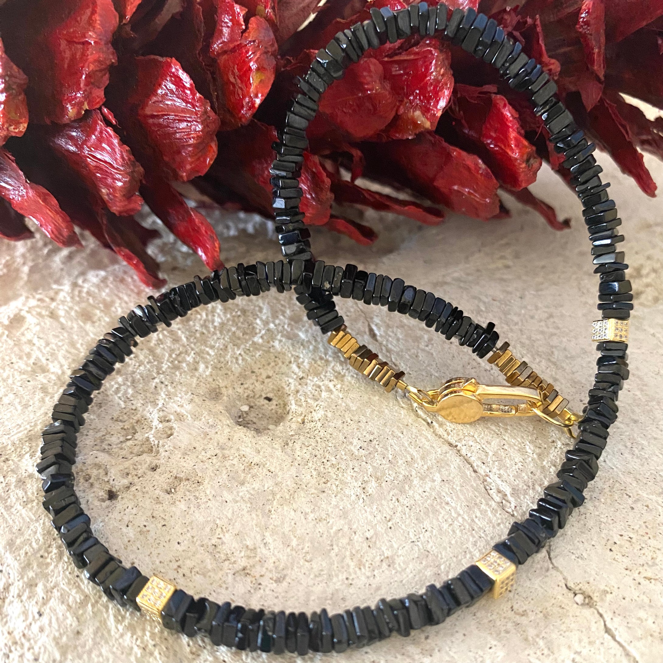 Black Spinel Beads Choker Necklace with Gold Vermeil Details and Clasp, 15