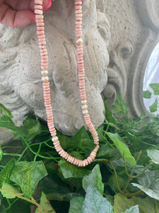 Pink Opal Tire Beads w Freshwater Pearls Necklace and Removable Baroque Pearl Pendant, 17.5"inches