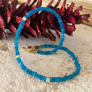 Blue Apatite Beads Choker Necklace with Gold Vermeil Details and Clasp, 15"inches