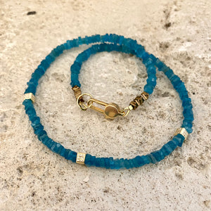 Blue Apatite Beads Choker Necklace with Gold Vermeil Details and Clasp, 15"inches