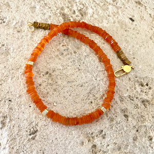 Bright Orange Carnelian Choker Necklace & Gold Vermeil Details and Clasp, 15.5"in