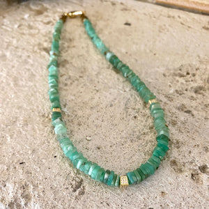 Green Chrysoprase Heishi Square Beads Choker Necklace with Gold Vermeil, 15.75"inches