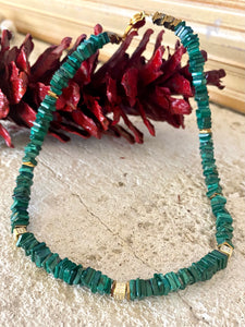 Genuine Malachite Choker Necklace & Gold Vermeil Details and Clasp, 15.5"inches