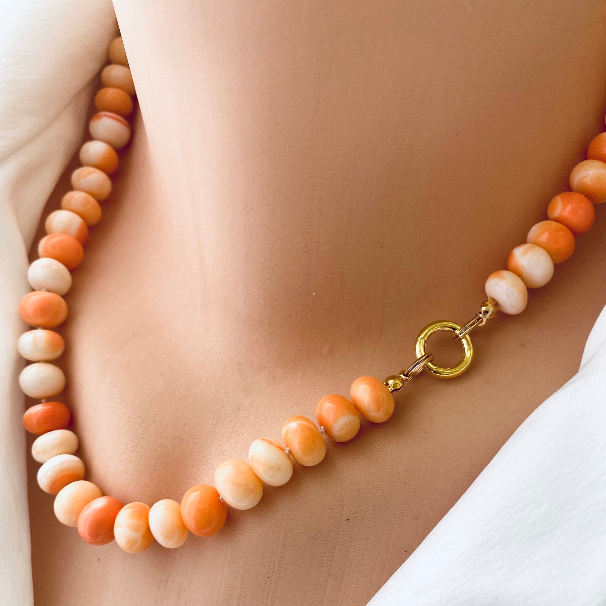 Orange opal candy necklace detail with gold vermeil push lock clasp, handcrafted Canadian jewelry