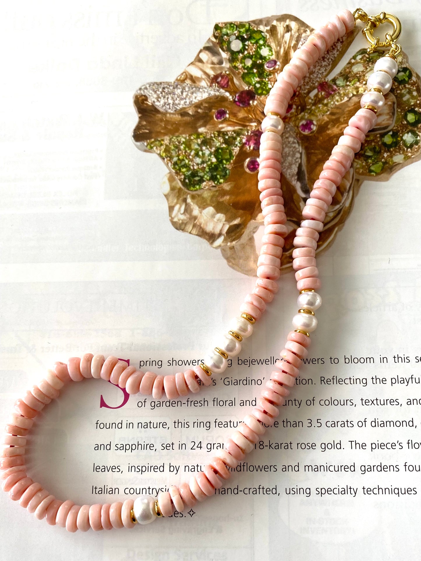 Pink opal pearl necklace featuring hand knotted pink opal beads and freshwater pearls